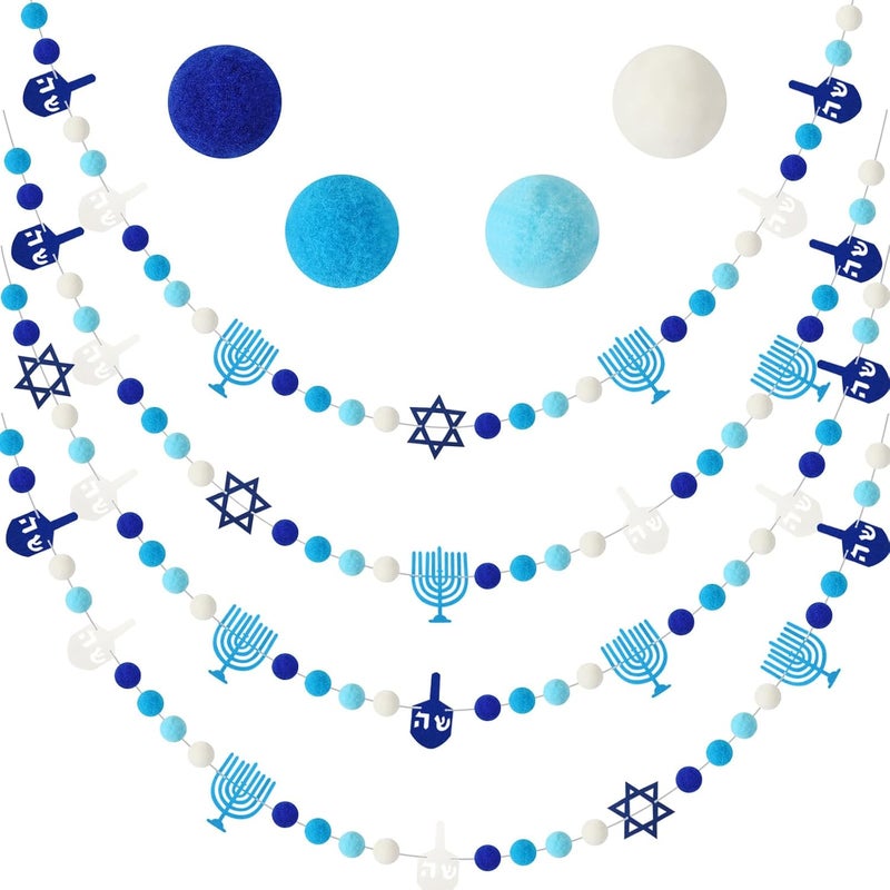 Jansun 4 Pack Hanukkah Garlands 32.8 Feet Felt Menorah Star of David Dreidel Blue White Pom Pom Garland Ornaments for Chanukkah Fireplace Wall Home Outdoor Party Hanging Decor Supplies - Image 1